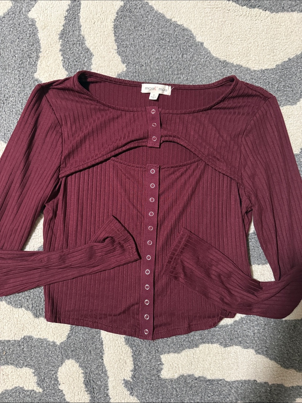 Moa Moa Wine Ribbed Long Sleeve Snap-Front Top